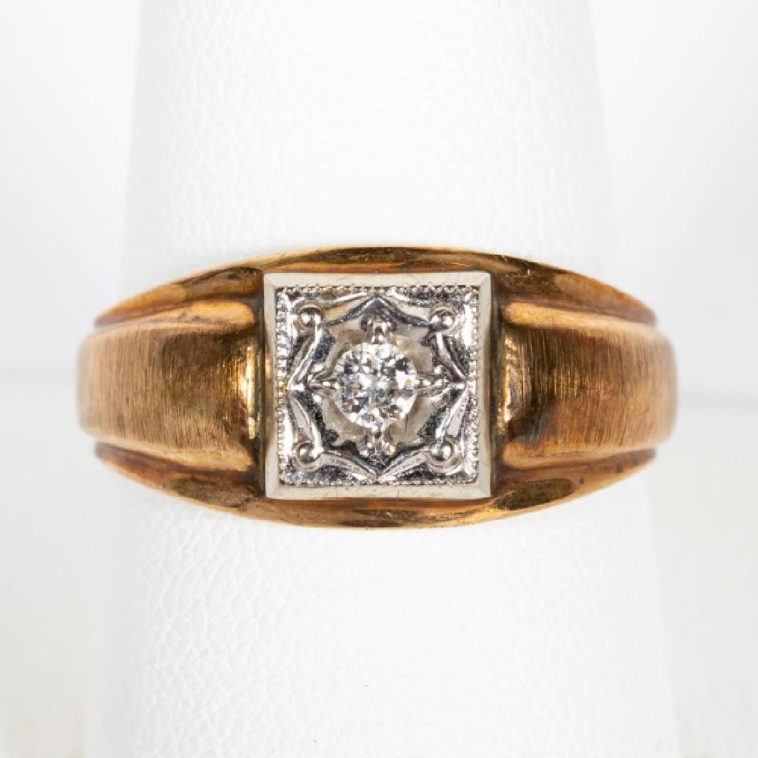 10k Two Tone Gold & Diamond Solitaire Ring: A two tone 10k yellow and white gold ring set with one center round brilliant cut diamond (approx. 0.10 ctw, G color, I1 clarity). Marked for 10k gold quality. US ring size approx. 10.5. Total weight 
