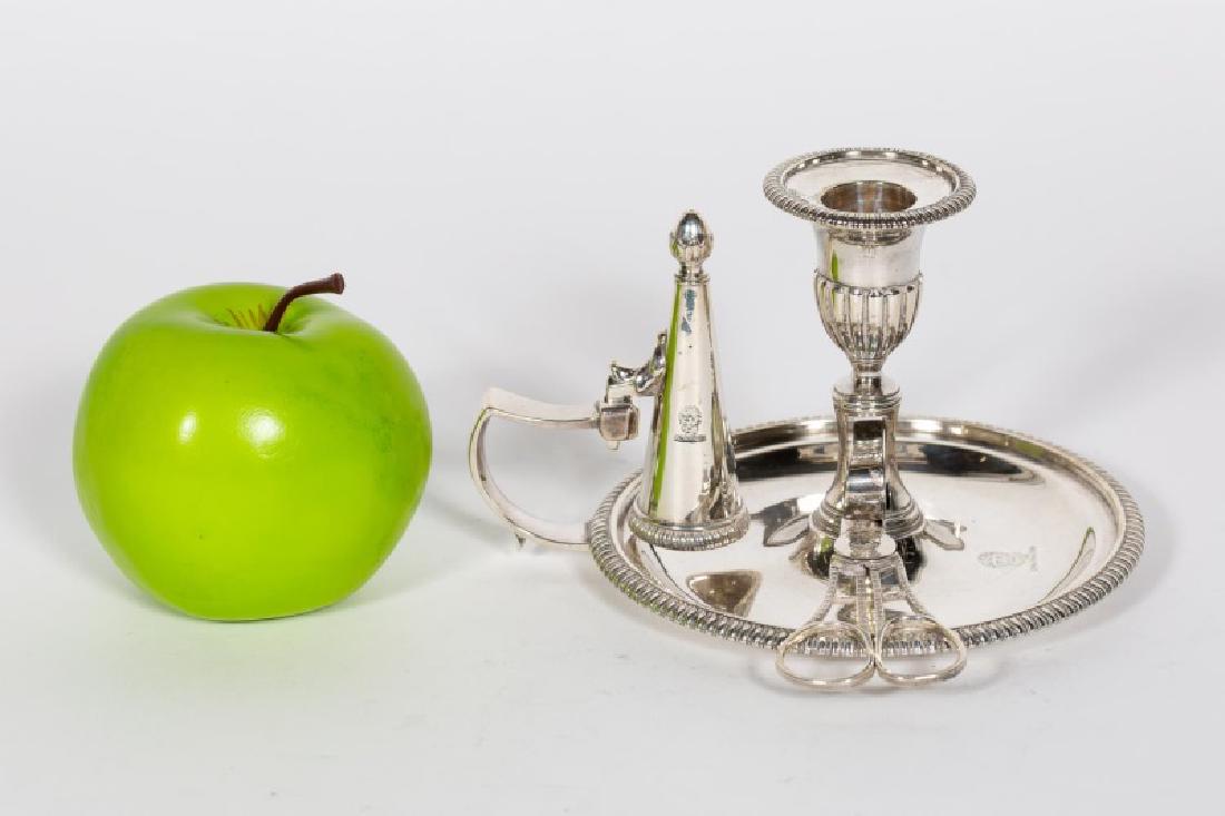 Early 19th C. Georgian Silver Chamberstick: Early 19th century, English, sterling silver, chamberstick with snuffer and trimmer. Hallmarked London, 1809, with maker's mark for Richard Cooke (stick, snuffer & wax pan) and Wilkes Booth (trimmer),