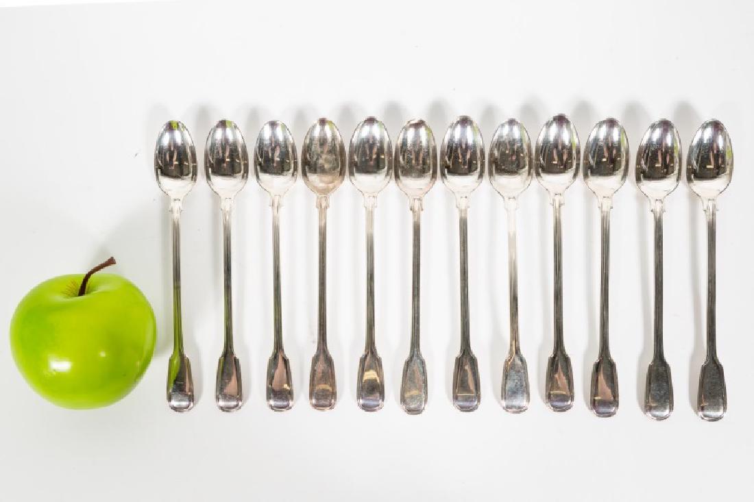 Set 12, English Victorian Silver Parfait Spoons: Mid-19th century, English, 12 sterling silver long-handle teaspoons/ parfait spoons. Victorian, hallmarked London, 1845, maker's mark for William Easton, "Fiddle Thread" pattern, approx. 7.5" L, 13.72