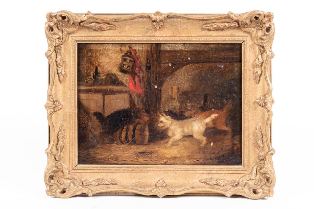 George Armfield, Oil on Canvas, Terriers: George Smith Armfield (English, 1808-1893), Oil on Canvas, Terriers. Barn scene with three terriers ratting. In gilt frame. Signed G. Armfield lower right. 9.125" x 12" W (canvas) 12.875" x 15.875" W