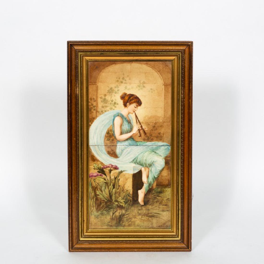 Two Art Nouveau Minton Tiles, Figural Music Scenes: English, 20th century. A pair of Art Nouveau style female figural scenes on tile. Apparently unsigned, Marked on the back "Minton, Hollins & Co. Patent Tile Works, Stoke-on-Trent". Approx. 8" x 8" (ti