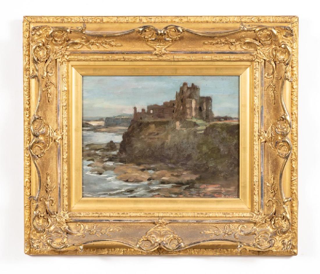 A. P. Dixon, Oil on Panel, Castle Ruins: Arthur Percy Dixon (English, active 1881-1917), Oil on Panel, Castle Ruins. Label verso with Sir Walter Scott quote "Tantallon's dizzy steep hung over the margin of the deep" infers that this depicts