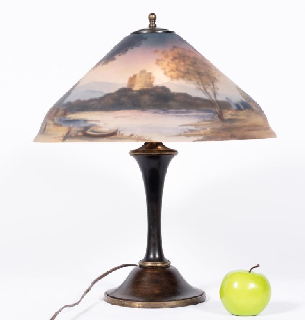 Antique Pairpoint "Carlisle" Reverse Painted Lamp: Pairpoint (American, 1880 - 1938) 20th Century. An exceptional example of a Pairpoint "Carlisle" lamp with a wonderful landscape design. Marked "The Pairpoint Corp" to the inside of the shade. Approx: