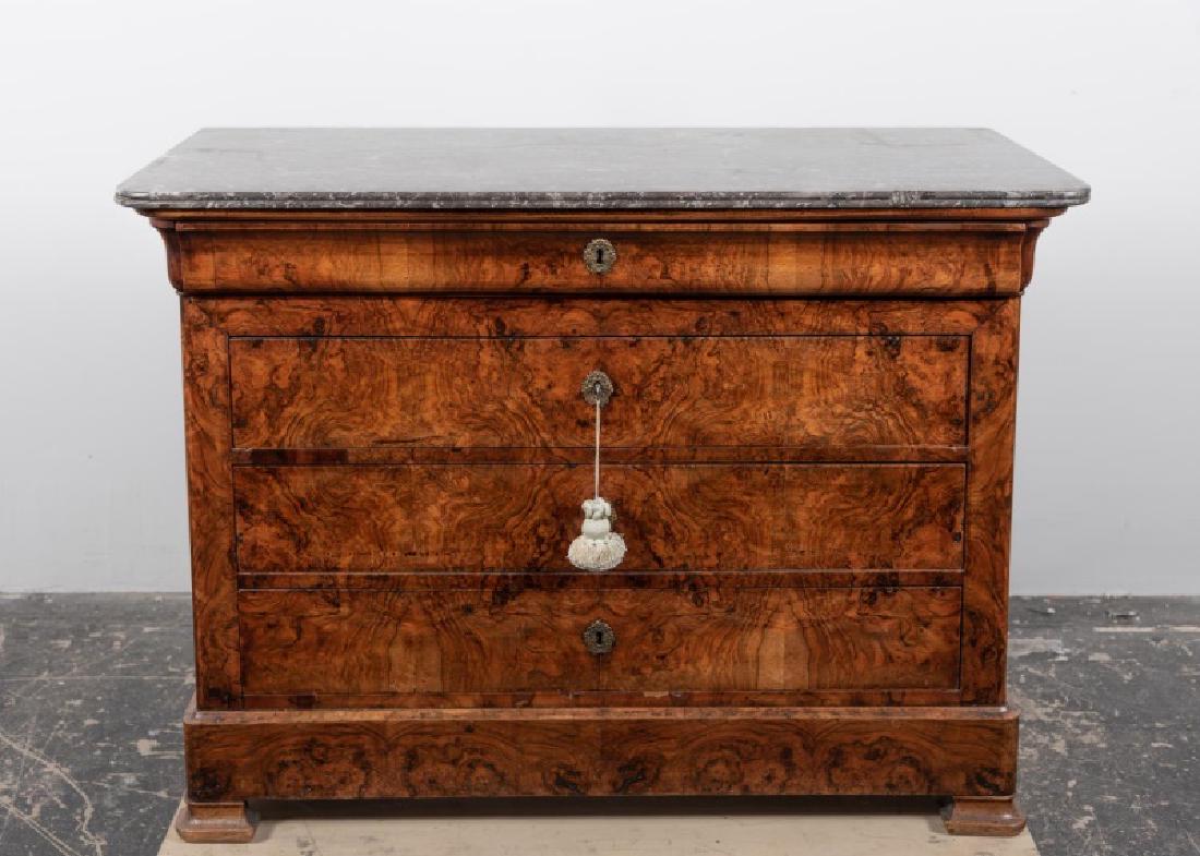 19th C. French Burl Walnut Granite Top Commode: Mid to late 19th century, French; grey "D" shaped reeded granite top; burl walnut front; concealed cavetto frieze drawer with three conforming drawers below; plinth base on ogee bracket feet. Approx. 