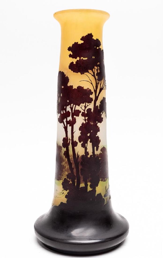 Emile Galle Cameo Glass Landscape Vase, E. 20th C.: Emile Galle (1846-1904) cameo glass landscape vase, early 20th century. Art nouveau; flared, rounded rim with a spreading amber body depicting a brown wooded lake scene. Signed Galle. Approx. d. 5.34"