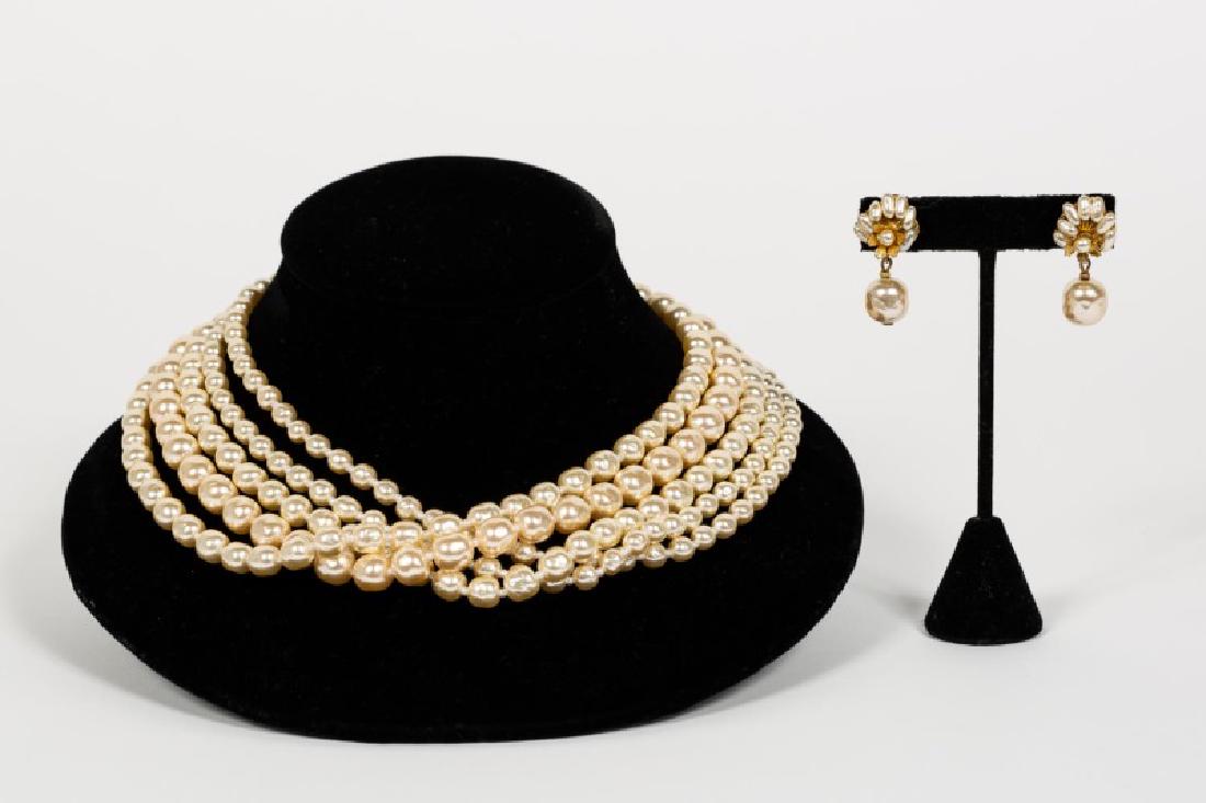 2 PC Miriam Haskell Set, Earrings & Necklace: Miriam Haskell (American, 1899-1981). A ladies two piece vintage costume jewelry set with faux pearl five-strand necklace and matching drop form earrings. Necklace marked with maker. Length of necklac