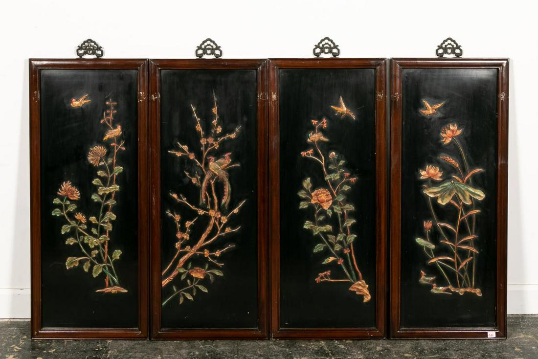 4 Wooden Chinese Panels of 4 Seasons, Hardstone (1 of 5)