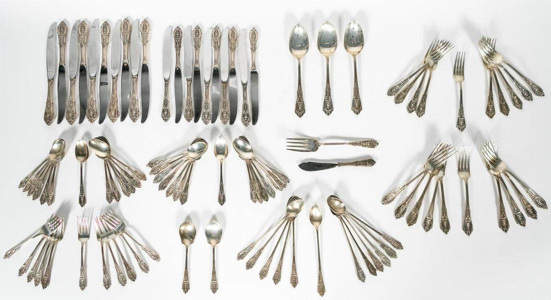 97 PC Wallace "Rose Point" Sterling Flatware Set: Wallace Silversmiths Inc. (American, founded 1871); "Rose Point" (introduced 1934) sterling silver flatware service consisting of: 19 dinner forks (7.625"), 12 salad forks (6.375"), 12 iced tea spoons