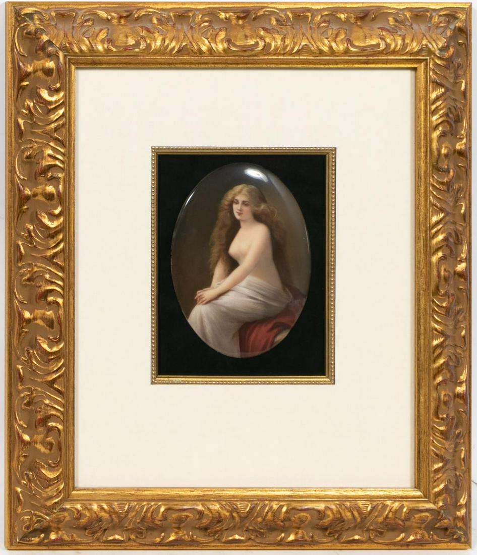 Framed Oval KPM Plaque, Half-Nude Female: Konigliche Porzellan-Manufaktur (German, founded 1763), late 19th/early 20th century, porcelain plaque, half-nude young woman. Of a seated beauty with long dark hair, nude from the waist up. In gilt m
