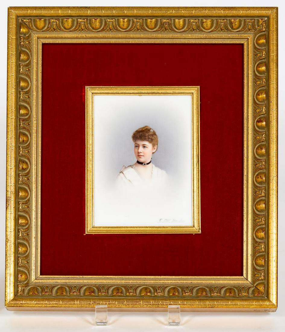 Berlin KPM, Fr. Till, Porcelain Portrait Plaque: Konigliche Porzellan-Manufaktur (German, founded 1763). White ground panel depicting a well executed polychrome portrait of a young woman in a white silk dress with multiple jewels; framed. Signed Fr.