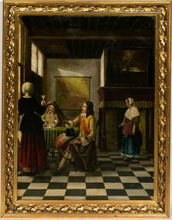 After Pieter de Hooch, Woman Drinking With Two Men: After Pieter de Hooch (Dutch, 1629-1684). "Woman Drinking With Two Men" - late 19th century, oil on canvas painting, apparently unsigned. A genre scene depicting multiple figures in a 17th century