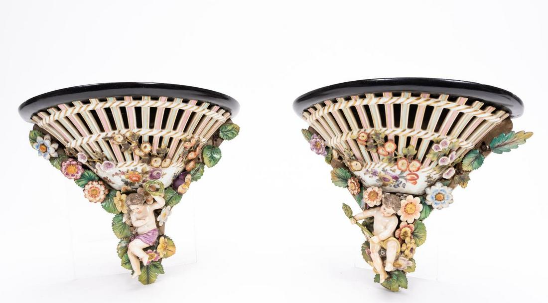 Two Dresden Style Wood and Porcelain Wall Brackets (1 of 4)