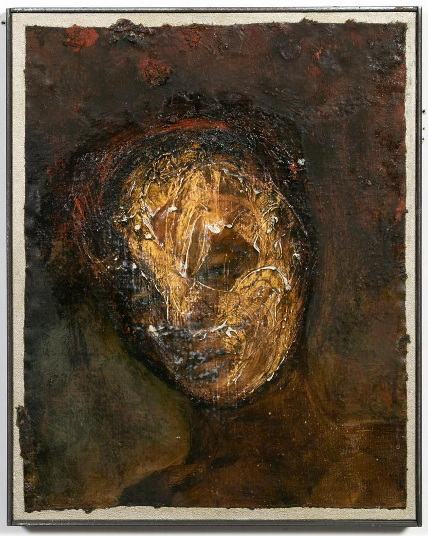 Kathleen Morris, "The Valley" Figural Portrait Oil: Kathleen Morris (American, b. 1946 -). "The Valley" - 1994, oil on canvas, signed, titled, and dated to verso. Approx. 20.25" x 16.25".