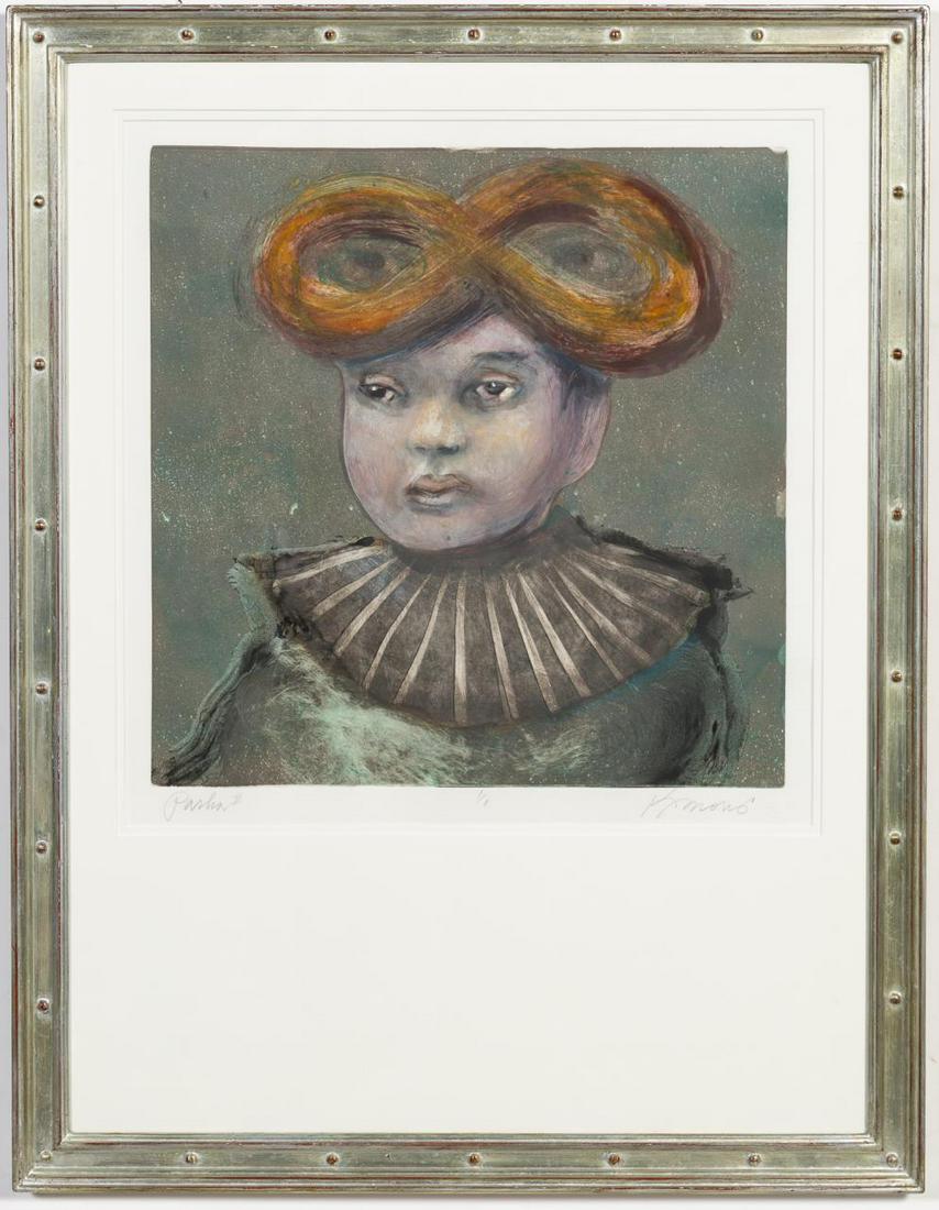 Kathleen Morris "Pasha II" Figural Monotype: Kathleen Morris (American, b. 1946 -). "Pasha II", monotype, edition 1/1, titled and signed to lower margin. Approx. 19.25" x 19" (sight), 33" x 25.25" (frame).