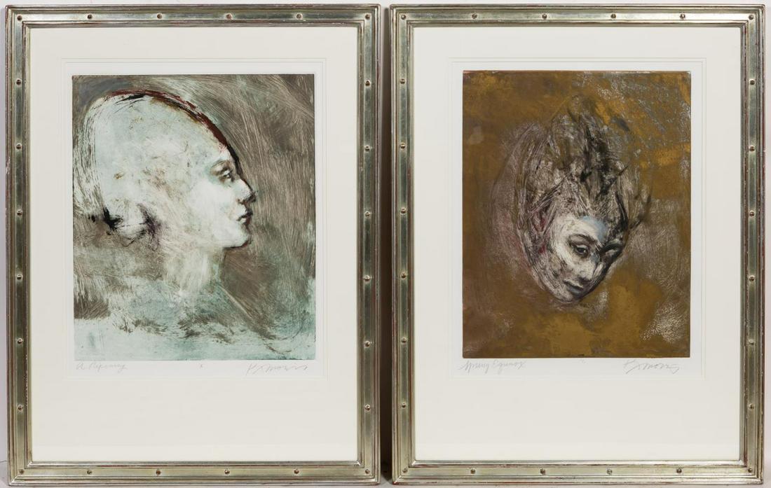 Two Kathleen Morris Monotypes, Figural Portraits: Kathleen Morris (American, b. 1946 -). Ripening" and "Spring Equinox", monotype, edition 1/1, signed and titled to lower margin. Approx. 21.375" x 16.875" (sight), 33" x 25.25" (frames).
