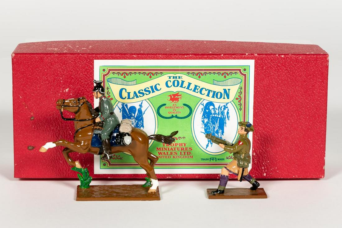 Trophy Miniatures "Lance and Bullet" Set GWD3: Trophy Miniatures (English, 20th century). A worldwar one set of "Lance and Bullet" in originalbox. Marked "TM" to underside. Approx: h. 2.75". Provenance: From the Estate of Charles Michael Cawley of