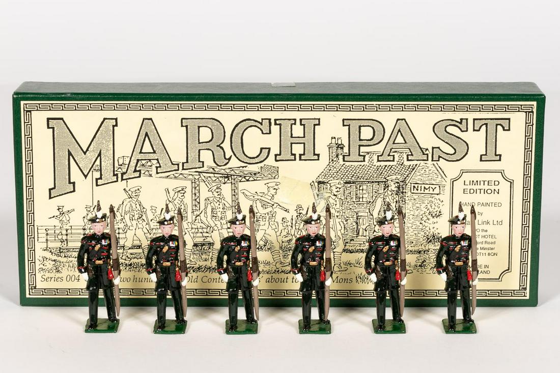 March Past "The Old Contemptibles" Toy Soldiers: Scale Link / March Past (English, 20th century). Asix piece box set of "The Old Contemptibles", inoriginal box. Box is hand signed and numbered"77/200". Approx: h. 2.5". Provenance: From the Estate of