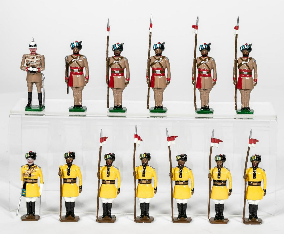 13 Pc, Traditions British Colonial Indian Soldiers: Traditions (English, 20th century). A thirteenpiece grouping of British Colonial Indian toysoldiers. Marked "Traditions" to underside.Approx: h. 2.5". Provenance: From the Estate of Charles Michael Ca
