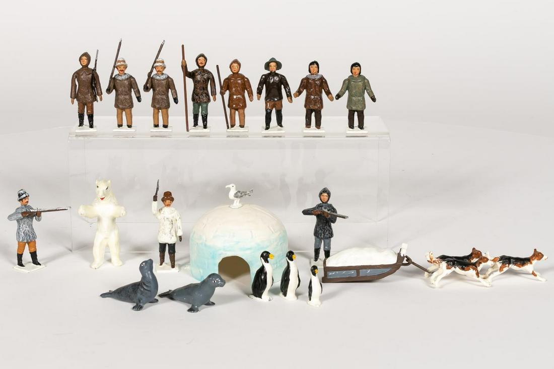 19 Pc, Mignot "Polar Exploration" Toy Soldiers: C.B.G. Mignot (French, 20th century). A nineteenpiece grouping of Polar Exploration toy soldiersincluding a polar bear, two seals, three penguinsand various other pieces. Marked "C.B.G." tounderside. 