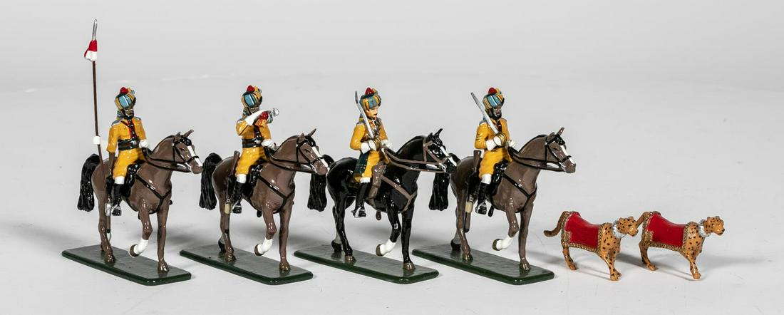 10 Pc, Frontline Figures "Mounted Indian Calvary": Frontline Figures (English, 20th century). A tenpiece grouping of mounted Indian calvary toysoldiers including two cheetahs. Marked "FrontlineFigures" to underside. Approx: h. 5". Provenance: From the