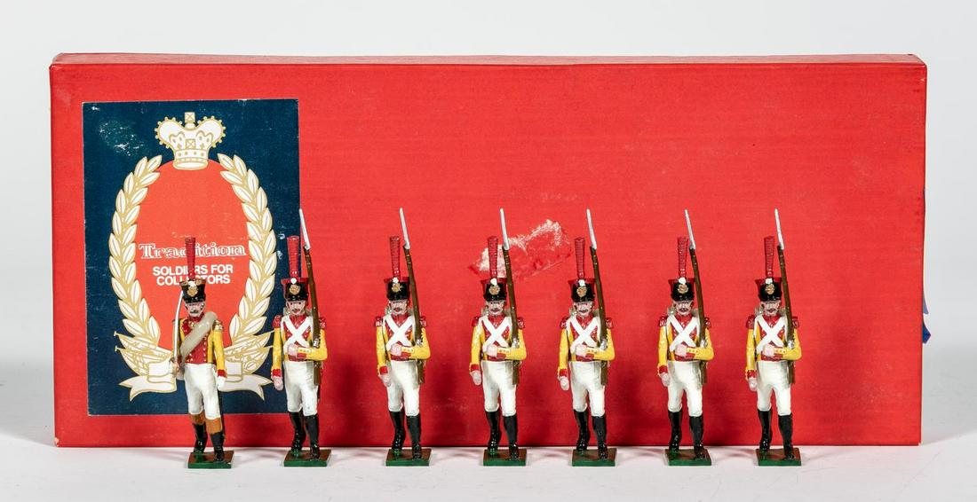 7 Pc, Tradition "British Infantry of the Line": Tradition (English, 20th century). A seven piecegrouping of British Infantry of the Line 1812 toysoldiers. Marked "Tradition" to underside. Approx:(measures box) w. 11.25". Provenance: From the Estate