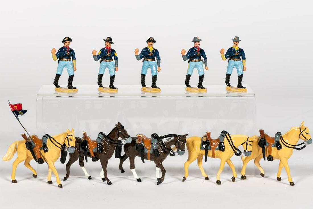10 Pc, Unidentified Maker "U.S. Calvary" Soldiers: 20th century. A group of ten U.S Calvary toysoldiers by an unidentified maker. Apparentlyunmarked. Approx: w. 4". Provenance: From the Estate of Charles Michael Cawley of Beverly, Massachusetts, found