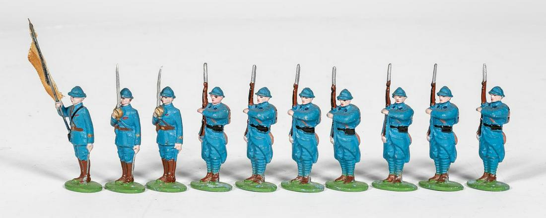 10 Pc, French Pre War Toy Soldier Grouping: French, 20th century. A group of ten pre-war toysoldiers. Marked "Made in France" to underside.Approx: h. 2.25". Provenance: From the Estate of Charles Michael Cawley of Beverly, Massachusetts, founde