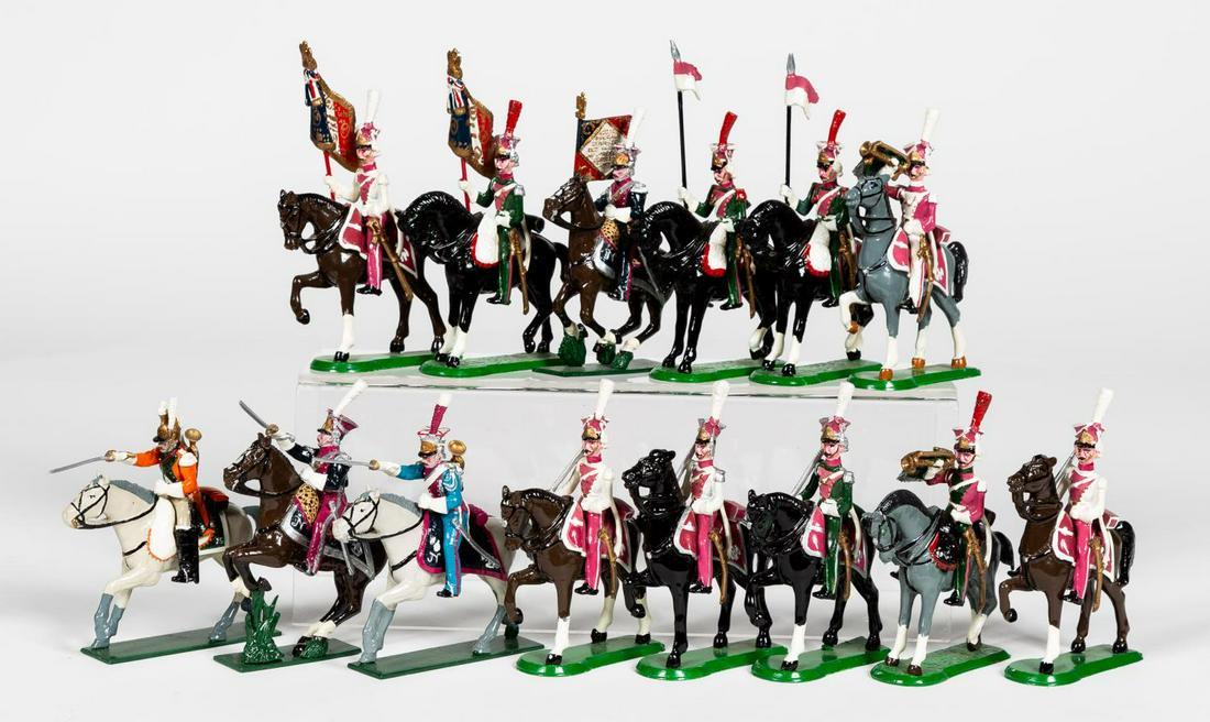 14 Pc, Tradition & Mulberry Miniatures "Calvary": Tradition & Mulberry Miniatures, 20th century. Agroup of fourteen Napoleonic Calvary toy soldiers.Marked "Mulberry Miniatures" and "Tradition" tounderside. Approx: h. 4.25". Provenance: From the Estat