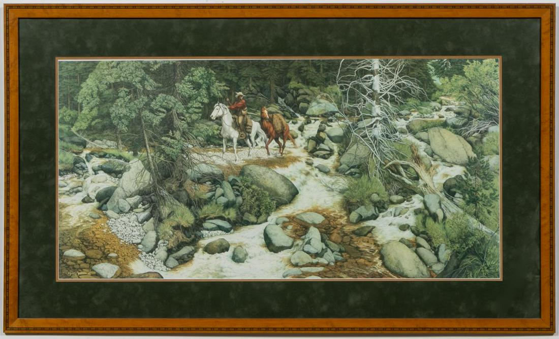 Bev Doolittle, "The Forest Has Eyes" Framed Print: Bev Doolittle (American b. 1947 - ). "The Forest Has Eyes" - 20th century, offset lithograph on paper, pencil signed and numbered 4555/8544 on lower left. Approx. 17.625" x 35.25" (sight), 26.75" x 44