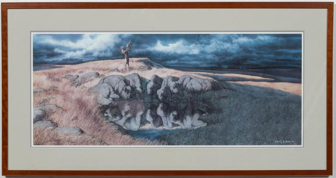 Bev Doolittle "Calling The Buffalo" Framed Print: Bev Doolittle (American b. 1947 - ). "Calling the Buffalo" - 20th century, offset color lithograph on paper, signed and numbered 7587/8500 on lower left. Landscape with Native American male figure. Ap