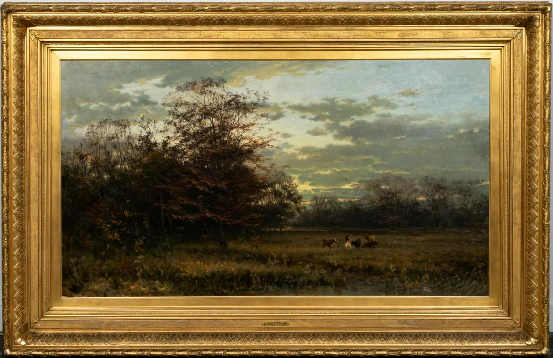 Arvid M. Lindstrom, Oil on Canvas Landscape: Arvid Mauritz Lindstrom (Swedish, 1849-1923). "Dusk Landscape with Cattle, Muchen" - 1875, oil on canvas, signed lower right and dated. Atmospheric late autumn landscape at dusk with cattle in a heavy