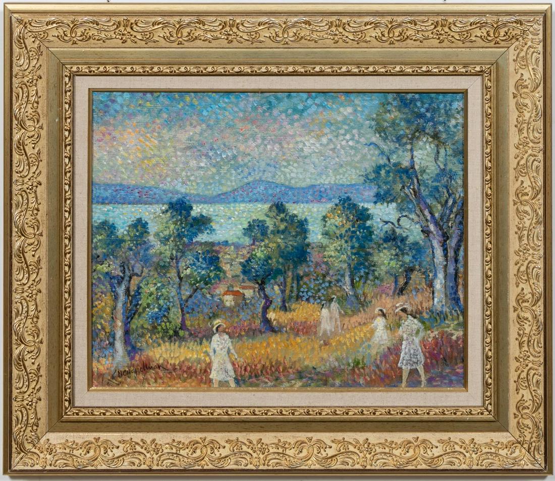Lucien Neuquelman, Pointillist Oil On Canvas: Lucien Neuquelman (French, 1909 -1988). "Le Golfe de St. Tropez, Beauvallon" - 20th century, oil on canvas painting, signed "L. Neuquelman" to lower left and inscribed with title on verso. A pointilli