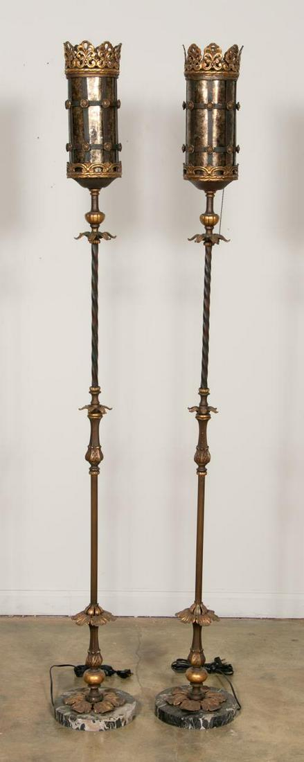 Pr., Arts and Crafts Floor Lamps, Attr. Oscar Bach: Oscar Bach, attributed (German/American, 1884 - 1957), first quarter, 20th century. Gilded cast metal and marble Arts and Crafts or Spanish/Gothic revival floor lanterns having a scrolled pierced cove