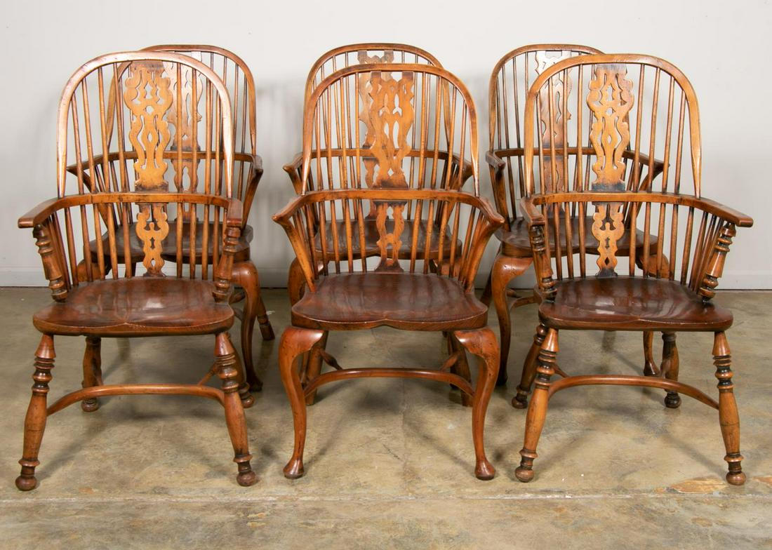 Assembled Set Six English Georgian Windsor Chairs: English, second half 19th century. An assembled set of six similar (two matching and four matching) Georgian style Windsor bow-backs chairs having pierced and carved middle splats. Approx. h. 42.75",