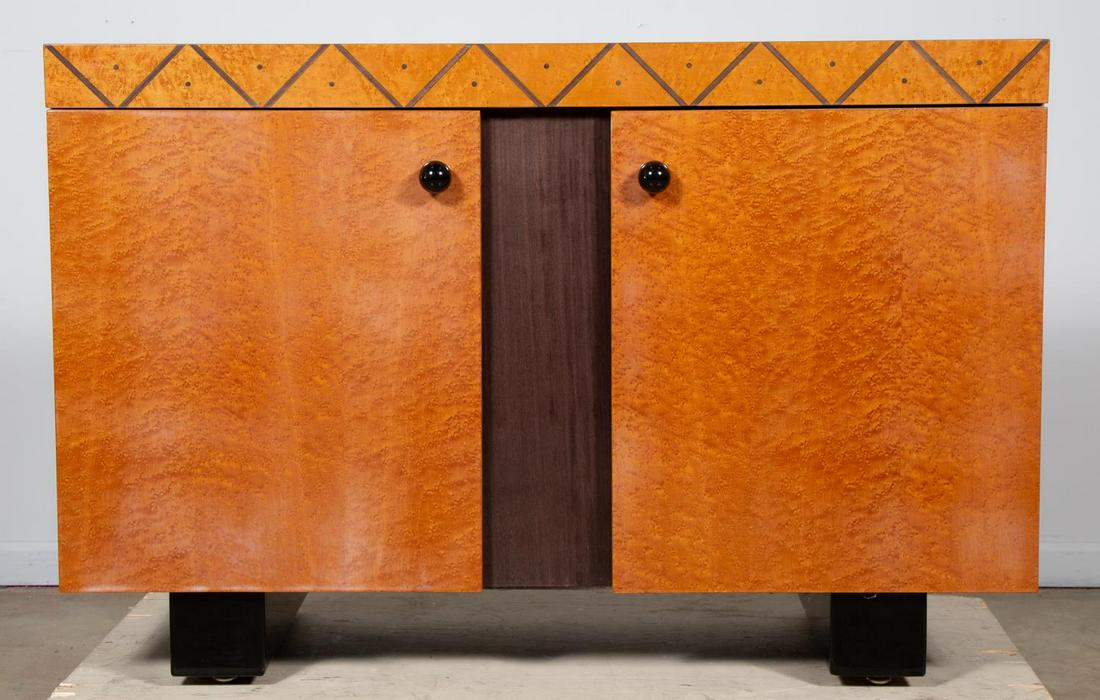 Leon Rosen for Pace Collection "Boca" Sideboard: Leon Rosen for Pace Collection (American, founded 1960), circa 1980's. "Boca" collection two door birds eye maple sideboard with a high gloss lacquer, ebony panels, and a zig-zag pattern. Approx. h. 3