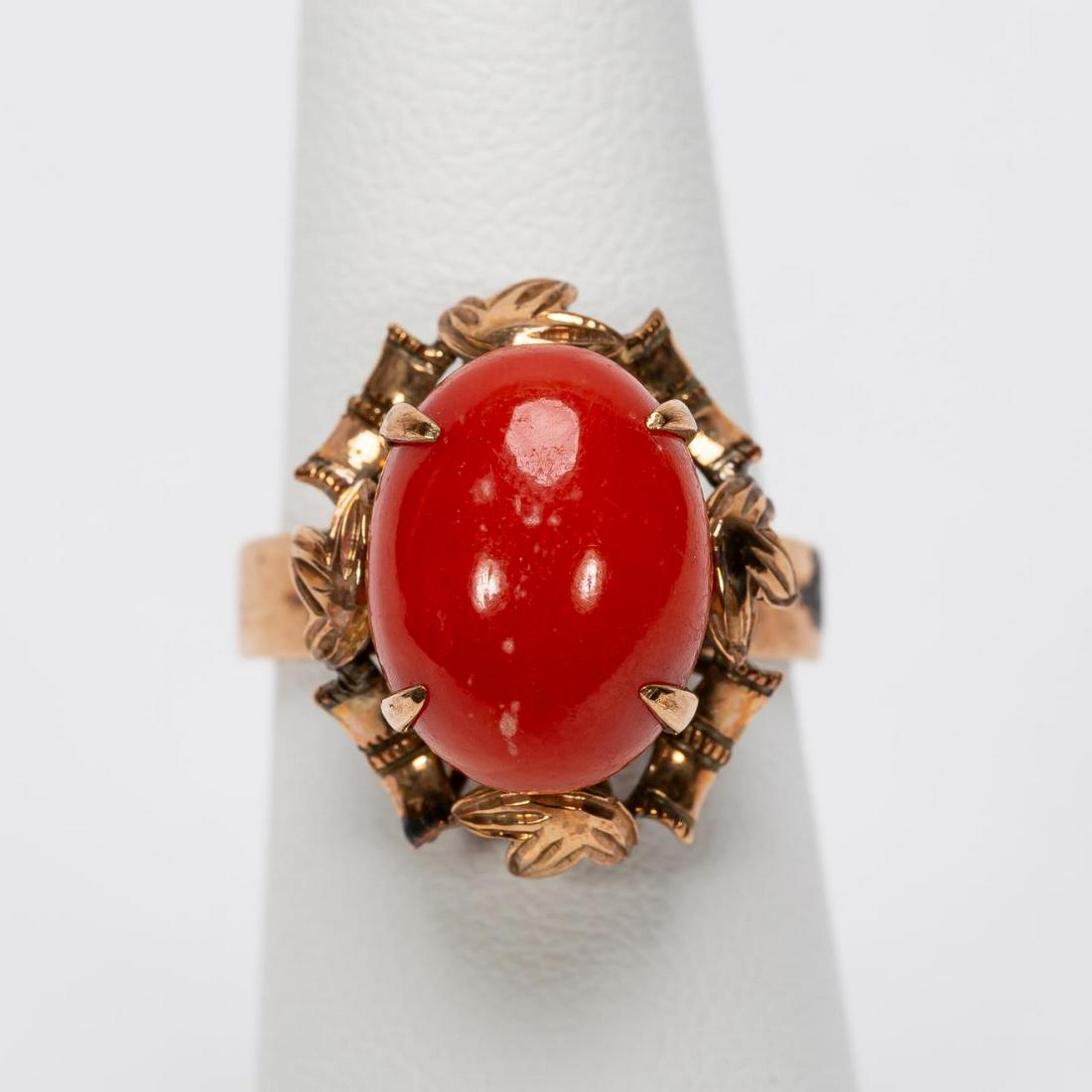 Ladies 18k Yellow Gold & Coral Bamboo Motif Ring (1 of 6)