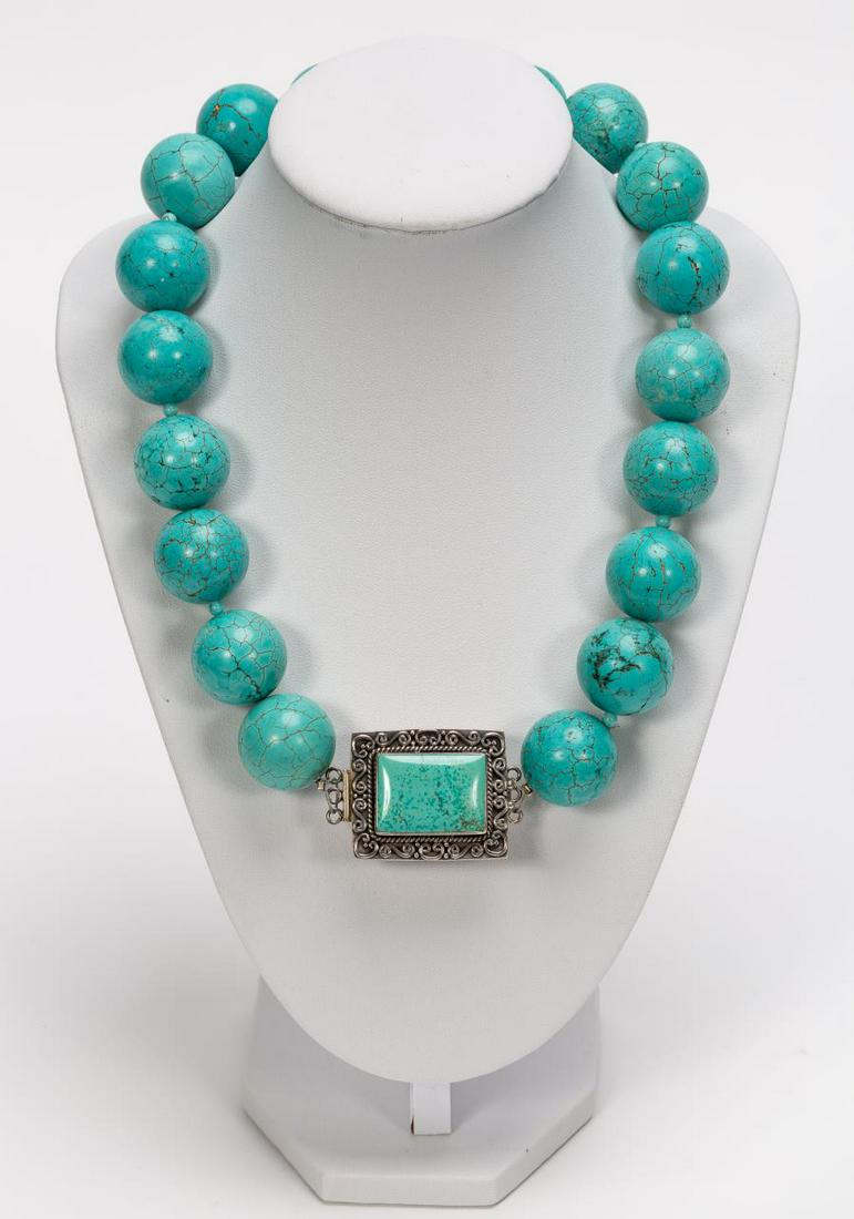 Large Turquoise Beaded Necklace w/ Sterling Clasp (1 of 7)