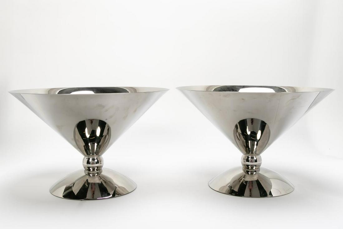 Pair, Brueton Polished Stainless "Chalise" Bowls: Brueton (American, founded 1926), early 21st century. Pair of large polished stainless steel pedestal base tapered bowl compotes, "Chalise," designed by J. Wade Beam, apparently unsigned. Approx. h. 1
