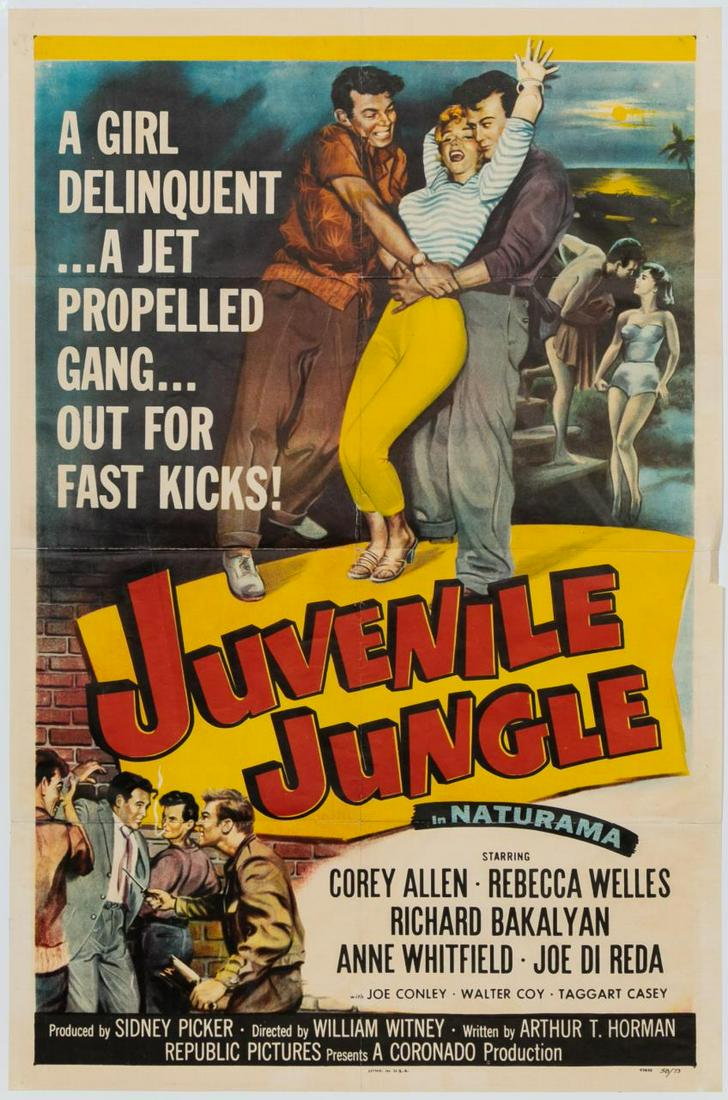 "Juvenile Jungle" 1958 Original Movie Poster: American, 1958. "Juvenile Jungle" - 1958, offset lithograph on paper, unsigned. Original movie poster for the 1958 film. Approx: 41" x 27".