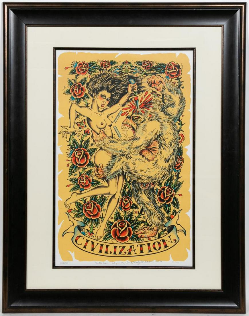 Ed Hardy "Civilization" Signed Lithograph: Don Ed Hardy (American, b.1945). "Civilization" - lithograph print, numbered 140/250, inscribed "To Barbara - art for life! Don Ed Hardy S.F. North Beach 22 VII 09", signed DE Hardy 07, to lower margi