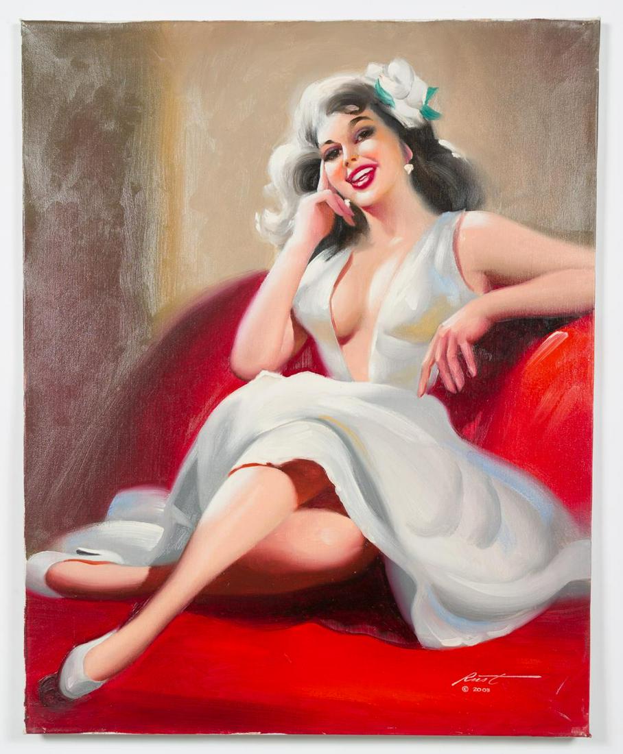 Donald Rusty Rust "Shana" Oil On Canvas Pinup: Donald Rusty Rust (American, born 1932). "Lisa" - 2003, oil on canvas, signed & dated lower right. A pinup painting of a girl dressed in a luxurious white dress. Approx. 30" x 24".