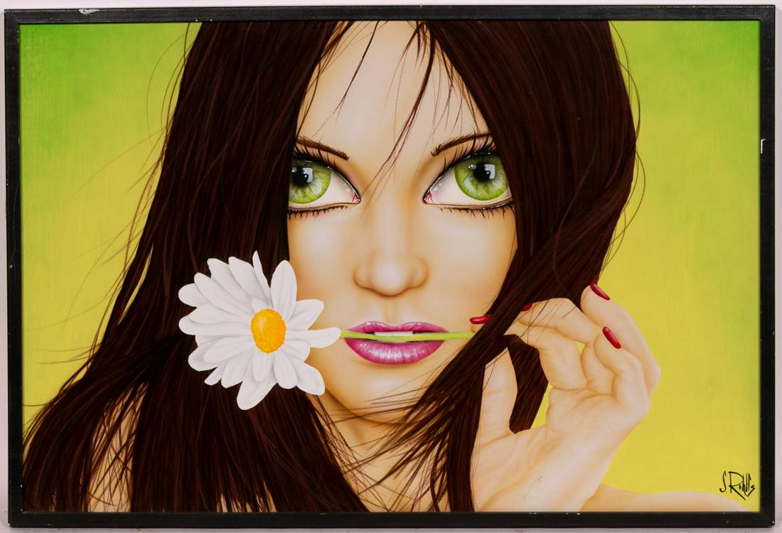Scott Rohlfs Acrylic, "Daisy" Pinup Painting: Scott Rohlfs (American, 20th/21st century). "Daisy" - 2008, acrylic on board, signed "S Rohlfs" to lower right and titled, signed and dated to verso. A pinup painting of a big eyed beauty holding a da