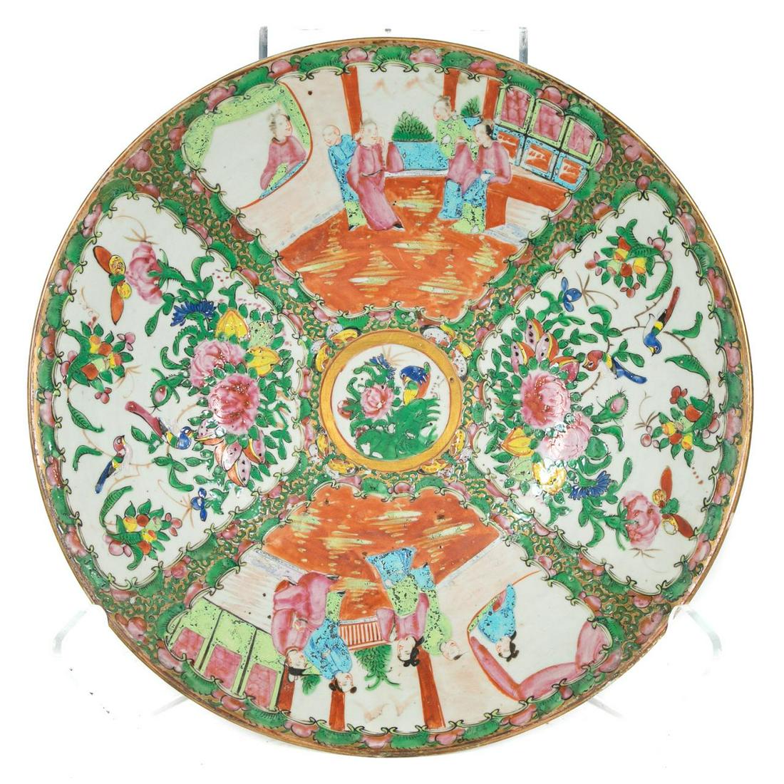 19th C. Chinese Rose Medallion Deep Charger: Chinese, late 19th century. Chinese export porcelain Rose Medallion deep charger having alternating enameled reserves of court scenes and florals and birds. Unmarked. Approx. h. 2.75", dia. 14.5. Prov