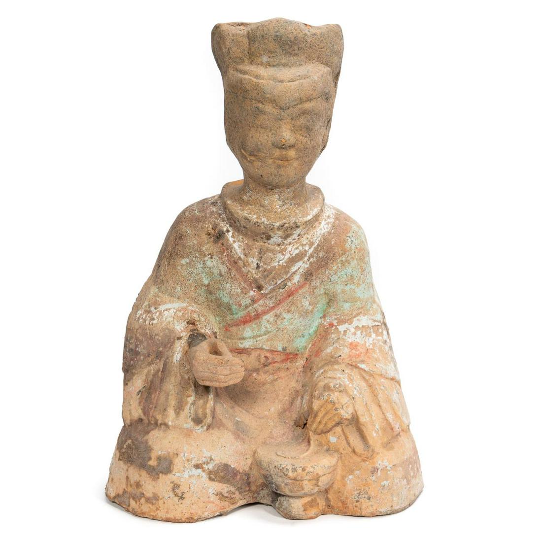 Chinese Han Dynasty Sichaun Pottery Seated Figure: Chinese, Han Dynasty. The seated Sichuan figure with unpainted hat, face and lower body. The robe decorated in green, red and white slip pigments. Approx: h. 15.25" w. 9.75"d. 5.75". Provenance: From 