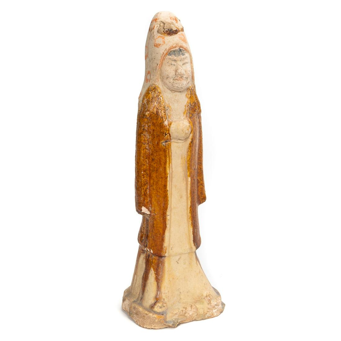 Chinese Han Dynasty Painted Pottery Figure: Chinese, Han dynasty. A Chinese Han Dynasty painted figural pottery vessel. Approx: h. 10.75" w. 3.75" d. 3". Provenance: From the Private Collection of Morton & Kathleen Sachs of Louisville, Kentucky