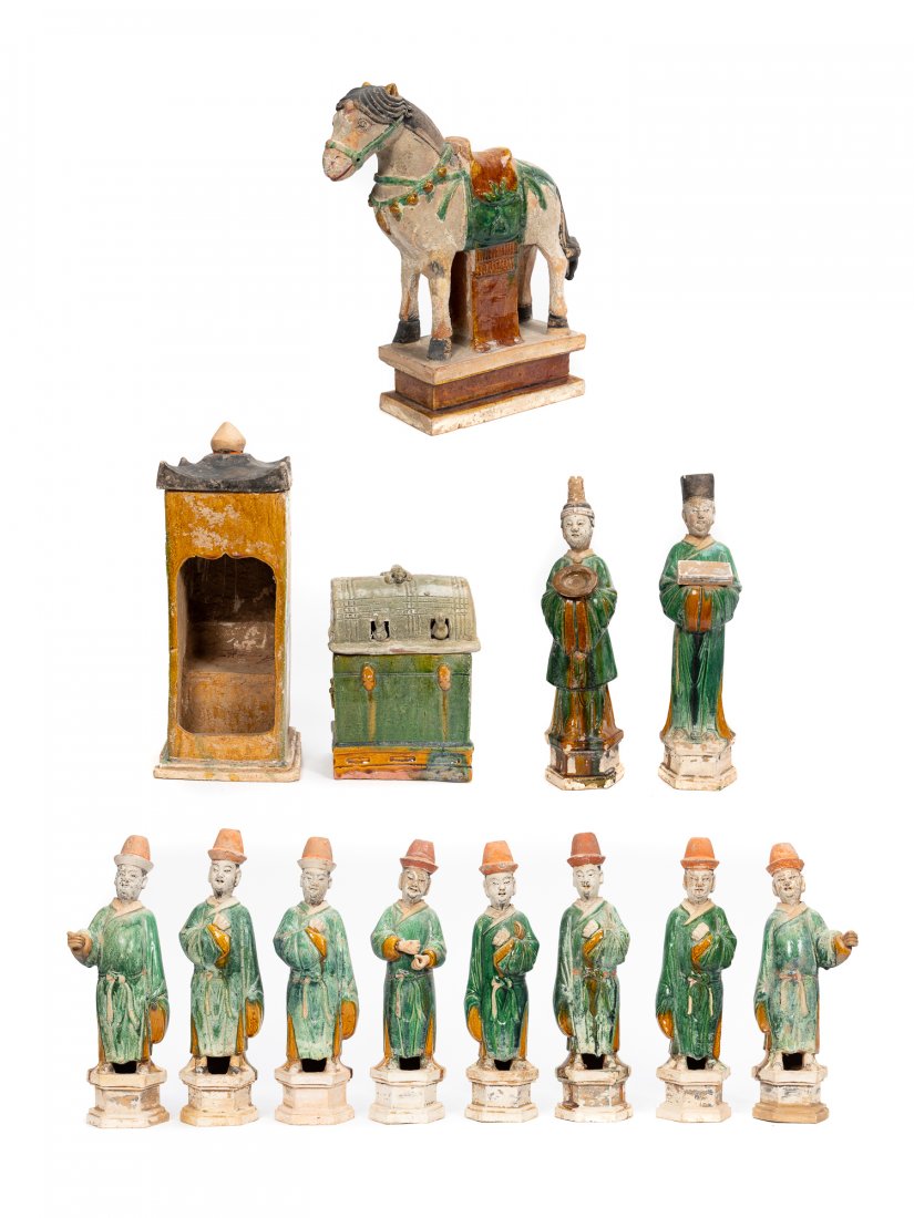 Chinese Ming Dynasty Processional Horse & More: Chinese, Ming Dynasty. Comprising of Ming Dynasty sancai glazed pottery horse, eight Ming Dynasty glazed buff pottery dignitaries, pair of Ming Dynasty sancai glazed pottery wedding figures, a Han Dyn