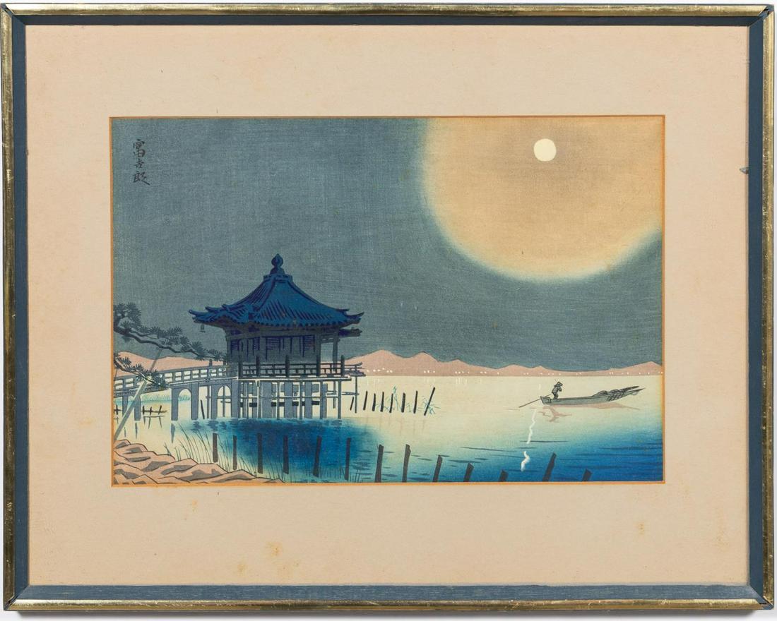 *Japanese Ukiyo-e Under Moonlight Woodblock Print: Japanese, 19th century. "Under Moonlight", woodblock print, titled to upper left and signed to borders under matte. Depicting a fisherman paddling out under the bright moon. Approx: (woodblock)