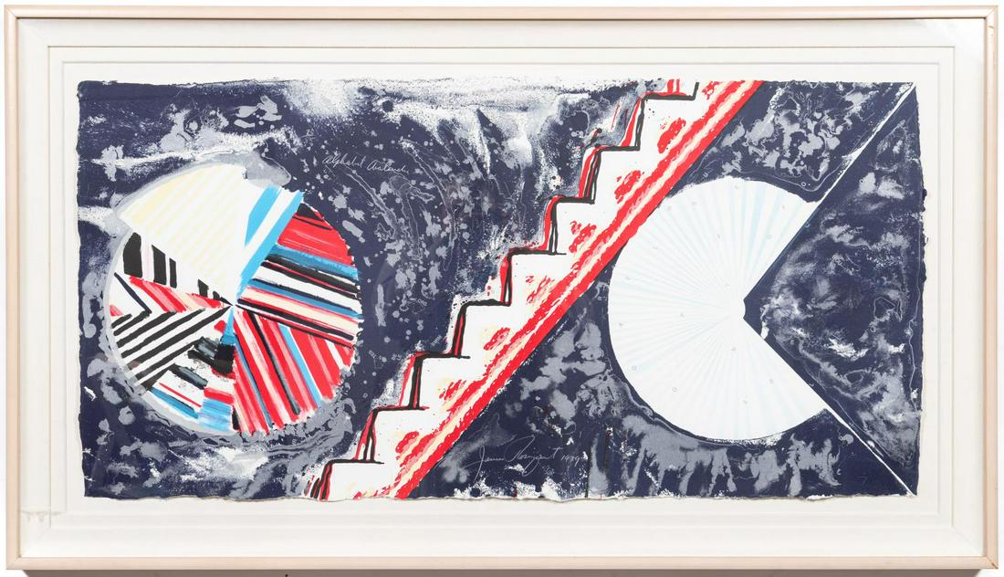 James Rosenquist, " Alphabet Avalanche" 1979: James Rosenquist (American, 1933-2017). "Alphabet Avalanche" - 1979, mixed media on lithograph, pencil signed and dated lower middle. Approx. 21" x 44" (paper), 29.5" x 52" (frame). Provenance: From t