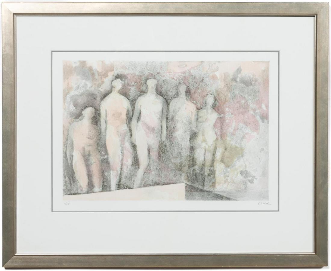 Henry Moore, Standing Nudes 1/50 Signed Lithograph: Henry Spencer Moore (English, 1898-1986). "Standing Nudes" - 1984, color lithograph, signed to lower right "Moore" and numbered to lower left "1/50". Approx: (image) 12.5" x 17.75".