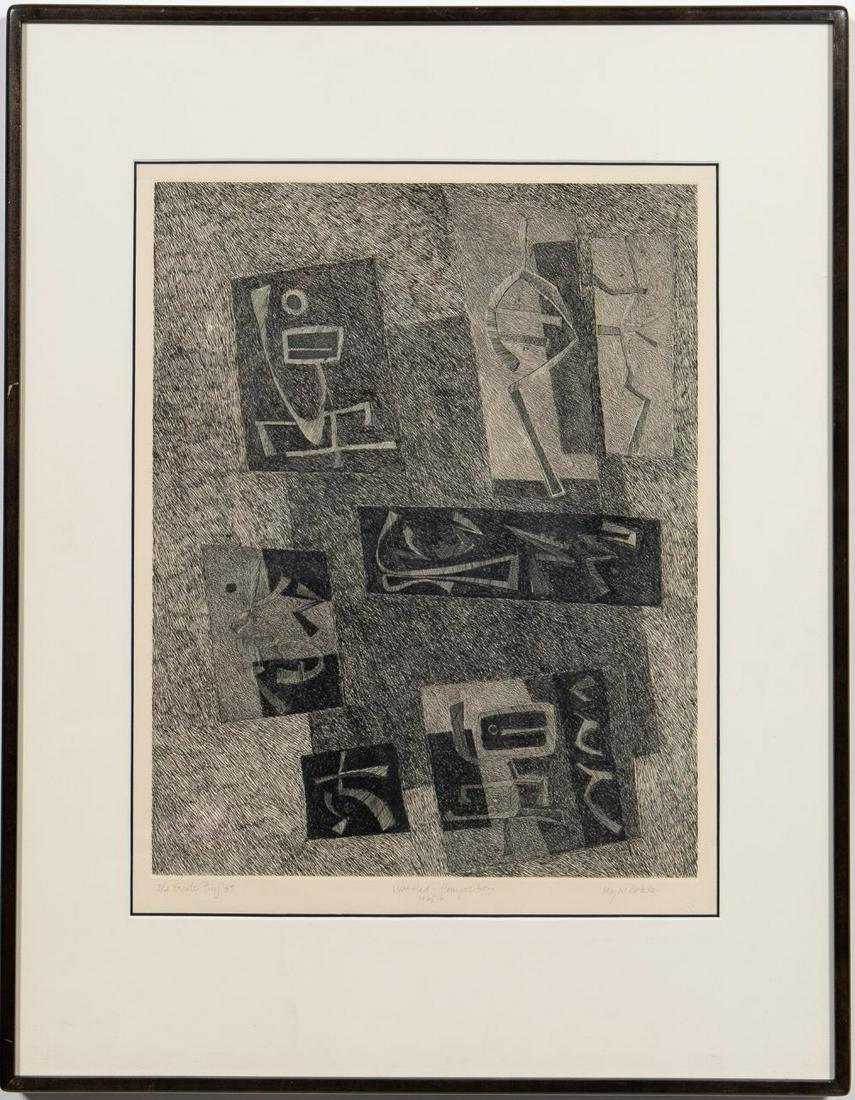 William Majors Untitled Composition Estate Etching: William Majors (American, 1930-1982). "Untitled Composition" - original plate made 1965/66 and posthumously printed in 1985, etching on Arches paper, inscribed below plate "3/4 Estate Proof 85'", "Unt